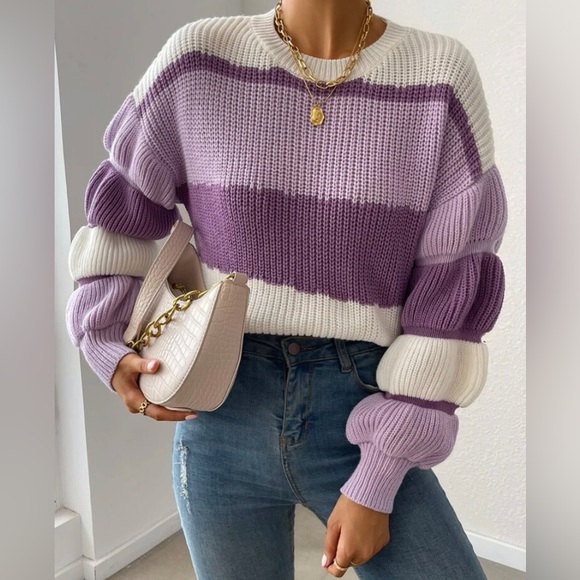 🆕 Gathered Sleeved Sweater - Purple Stripes - Picture 6 of 6
